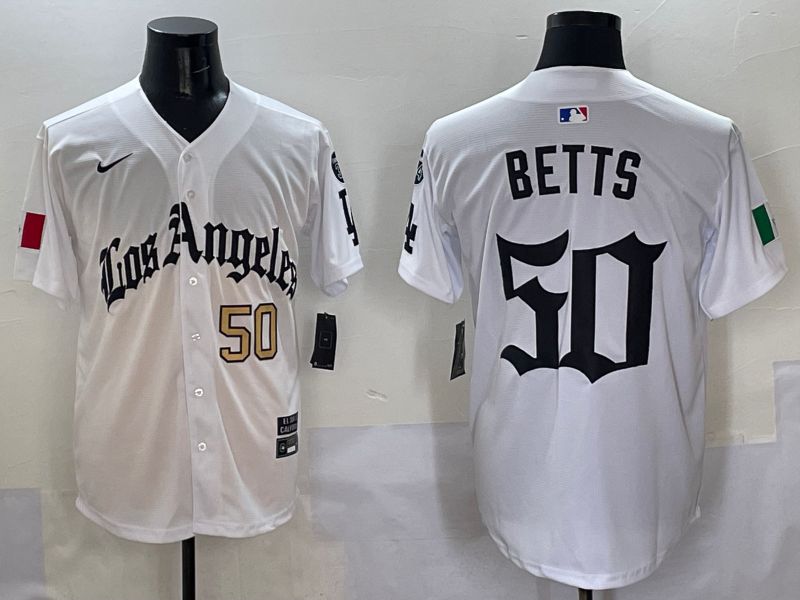 Men Los Angeles Dodgers #50 Betts White Five generations Joint Name 2025 Nike MLB Jersey style 4